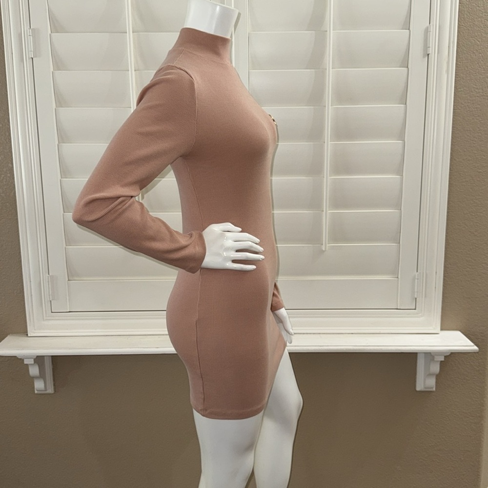 ODolls Collection logo high neck long sleeve mini bodycon dress in cream - Picture 6 of 15